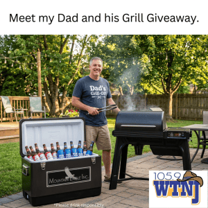Father grilling beer bottles at backyard barbecue for giveaway event.